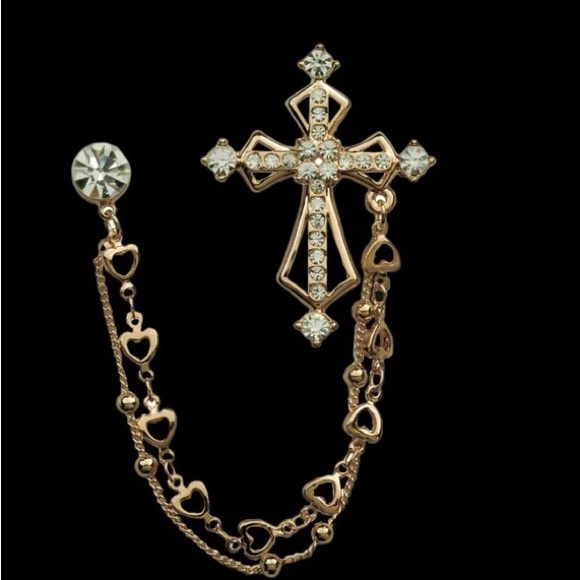 British Style Vintage Crystal Cross Brooch Pin Double Chain Lapel Pins - Picture 6 of 6